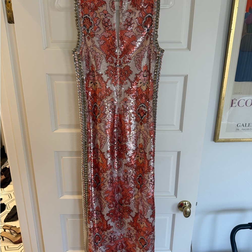 cinq a sept Coral and Blush Sequin Beaded Sleeveless Dress - Picture 3 of 9